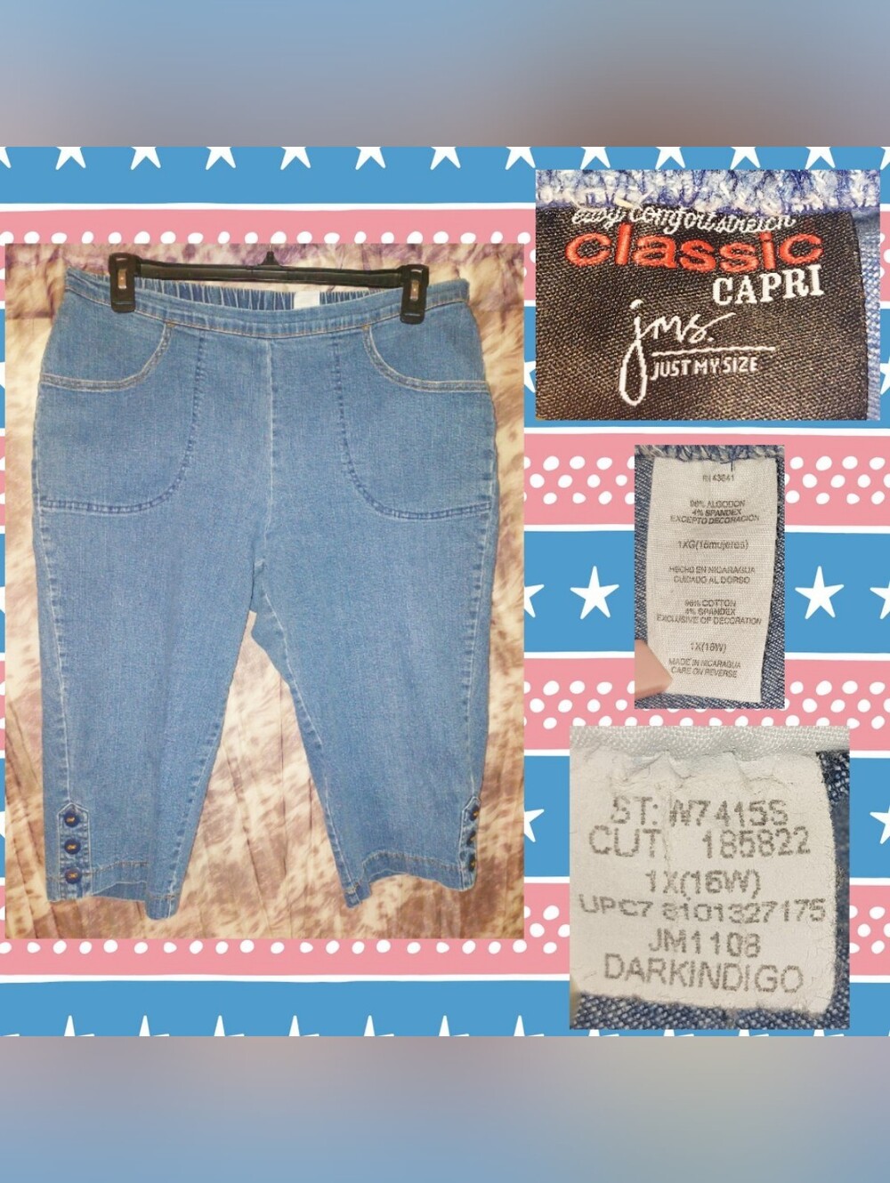 Just My Size Medium Wash Blue Cropped/Capri Pull-On Woven Denim Jeans Sz 1X(16W)